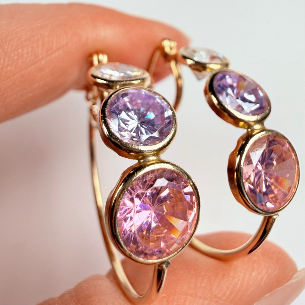 14K Solid Yellow Gold Rock Candy Gemstone Modern Hoop Earrings 28MM - Picture 3 of 13